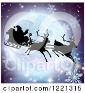 Clipart Of A Silhouetted Christmas Sleigh Reindeer And Santa Over A Full Moon With Snowflakes Royalty Free Vector Illustration