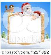 Poster, Art Print Of Bird By Santa Pointing Down At A Wood Sign In A Winter Landscape