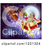 Clipart Of Santa Claus Waving And Riding His Sleigh Over A Full Moon Royalty Free Vector Illustration