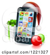 Poster, Art Print Of Black Smart Phone With A Santa Hat Christmas Baubles And Gift Box