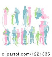 Clipart Of Green Pink And Blue Silhouetted Parents With Young Children Royalty Free Vector Illustration