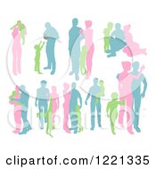 Poster, Art Print Of Green Pink And Blue Silhouetted Parents With Young Children