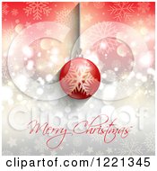 Clipart Of A Merry Christmas Greeting And Red Bauble Over Bokeh Stars And Snowflakes Royalty Free Vector Illustration