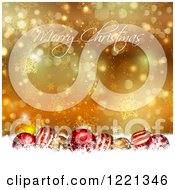 Clipart Of A Merry Christmas Greeting And Baubles In Snow Over Gold Bokeh Stars And Snowflakes Royalty Free Vector Illustration