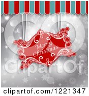 Poster, Art Print Of Merry Christmas Greeting Sign Suspended From An Awning Over Silver Stars Bokeh And Snowflakes