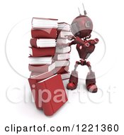 Poster, Art Print Of 3d Red Android Robot With Stacks Of Books