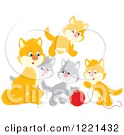 Poster, Art Print Of Mom Cat Supervising Cute Gray And Orange Kittens Playing With Yarn
