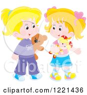 Poster, Art Print Of Two Little Girls Walking With A Teddy Bear And Doll