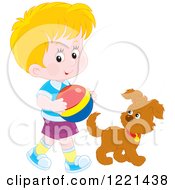 Clipart Of A Boy Carrying A Ball And Walking With A Puppy Royalty Free Vector Illustration