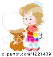 Clipart Of A Little Girl Holding A Ball And Petting A Puppy Royalty Free Vector Illustration