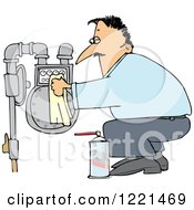Caucasian Man Crouching And Cleaning A Gas Meter