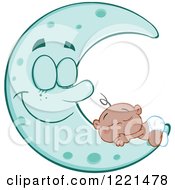 Clipart Of A Black Baby Boy Sleeping On A Happy Blue Crescent Moon Royalty Free Vector Illustration
