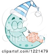 Poster, Art Print Of Caucasian Baby Sleeping On A Happy Blue Crescent Moon With A Hat