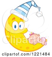 Poster, Art Print Of Caucasian Baby Girl Sleeping On A Happy Crescent Moon Wearing A Hat