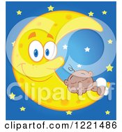 Poster, Art Print Of Black Baby Sleeping On A Happy Crescent Moon Over Stars