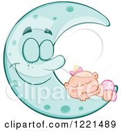 Poster, Art Print Of Caucasian Baby Girl Sleeping On A Happy Blue Crescent Moon