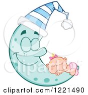 Poster, Art Print Of Caucasian Baby Girl Sleeping On A Happy Blue Crescent Moon With A Hat