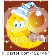 Poster, Art Print Of Black Baby Boy Sleeping On A Happy Crescent Moon Wearing A Hat With Stars