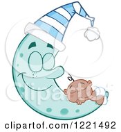Poster, Art Print Of Black Baby Boy Sleeping On A Happy Blue Crescent Moon Wearing A Hat