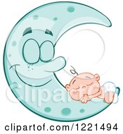 Poster, Art Print Of Caucasian Baby Sleeping On A Happy Blue Crescent Moon