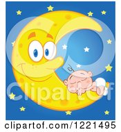 Poster, Art Print Of Caucasian Baby Sleeping On A Happy Crescent Moon Over Blue With Stars