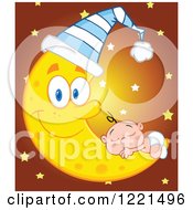 Poster, Art Print Of Caucasian Baby Sleeping On A Happy Crescent Moon Wearing A Cap With Stars