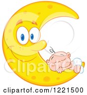 Poster, Art Print Of Caucasian Baby Sleeping On A Happy Crescent Moon