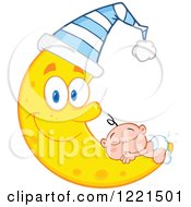 Poster, Art Print Of Caucasian Baby Sleeping On A Happy Crescent Moon Wearing A Cap