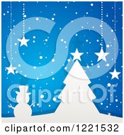 Poster, Art Print Of White Paper Christmas Tree And Snowman With Suspended Stars On Blue