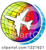 Poster, Art Print Of White Airplane Circling A Colorful Grid Globe