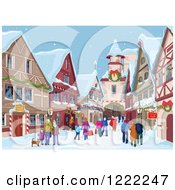 Poster, Art Print Of Dog And People Strolling And Christmas Shopping In A Village In The Snow