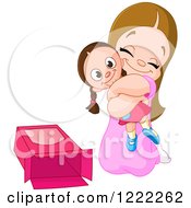 Clipart Of A Happy Girl Hugging A Dolly For A Christmas Present Royalty Free Vector Illustration