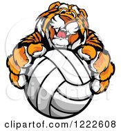 Clipart Of A Friendly Tiger Mascot Holding Out A Volleyball Royalty Free Vector Illustration