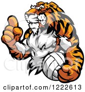 Clipart Of A Victorious Tiger Champion Holding A Finger Up And A Volleyball Royalty Free Vector Illustration