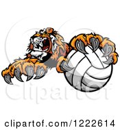 Poster, Art Print Of Vicious Tiger Mascot Resting A Paw On A Volleyball