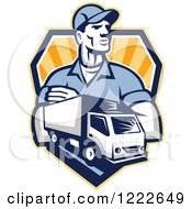 Poster, Art Print Of Retro Delivery Man And A Truck Over A Shield Of Rays
