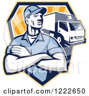 Poster, Art Print Of Retro Delivery Man With Folded Arms And A Truck Over A Shield Of Rays