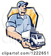 Poster, Art Print Of Retro Delivery Man Holding A Truck In His Hand Over A Shield Of Rays
