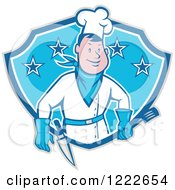 Poster, Art Print Of Cartoon Male Cowboy Chef With A Spatula And Knife In A Blue Shield Of Stars