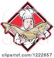 Poster, Art Print Of Cartoon Male Chef Holding A Trout Fish Over A Red Diamond