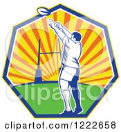 Clipart Of A Retro Rugby Player Throwing Against A Sunset In A Heptagon Royalty Free Vector Illustration