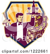 Poster, Art Print Of Male Waiter Serving Wine Over Barrels In A Shield Of Rays