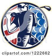 Clipart Of A Retro Woodcut Golfer In An American Flag Circle Royalty Free Vector Illustration