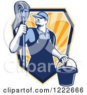 Clipart Of A Retro Janitor Man With A Mop And Bucket Emerging Form A Shield Of Rays Royalty Free Vector Illustration
