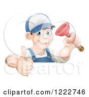 Poster, Art Print Of Happy Male Plumber Wearing A Hat Holding A Thumb Up And Plunger