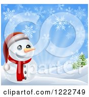 Poster, Art Print Of Cheerful Snowman In A Hilly Landscape With Snowflakes