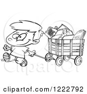 Clipart Of A Black And White Happy Little Boy Pulling A Wagon Full Of Toys Royalty Free Vector Illustration
