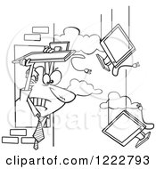 Clipart Of A Black And White Businessman Throwing Old Monitors Out An Office Window Royalty Free Vector Illustration