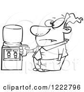 Clipart Of A Black And White Businessman Drinking At The Cooler Royalty Free Vector Illustration