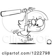 Clipart Of A Black And White Sporty Cricket Girl Chasing A Ball With A Bat Royalty Free Vector Illustration